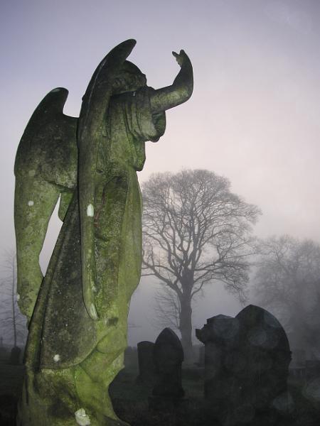 0712 058.jpg - "The Angel" - by John Sellers St Mary's  churchyard in fog - stone angel